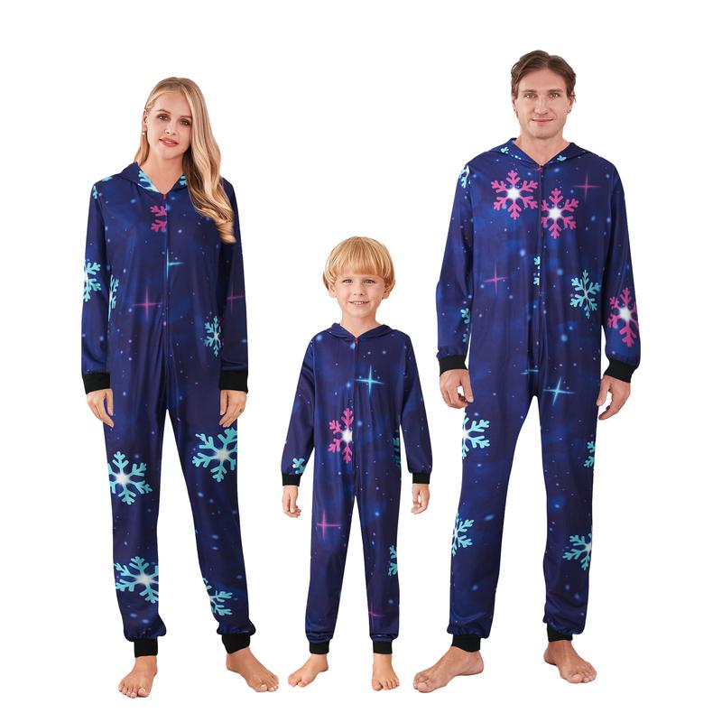 Family Christmas Pajamas, Long Sleeve Elk Christmas Tree Plaid Snowflake Print Hooded Jumpsuit Sleepwear Womenswear Check