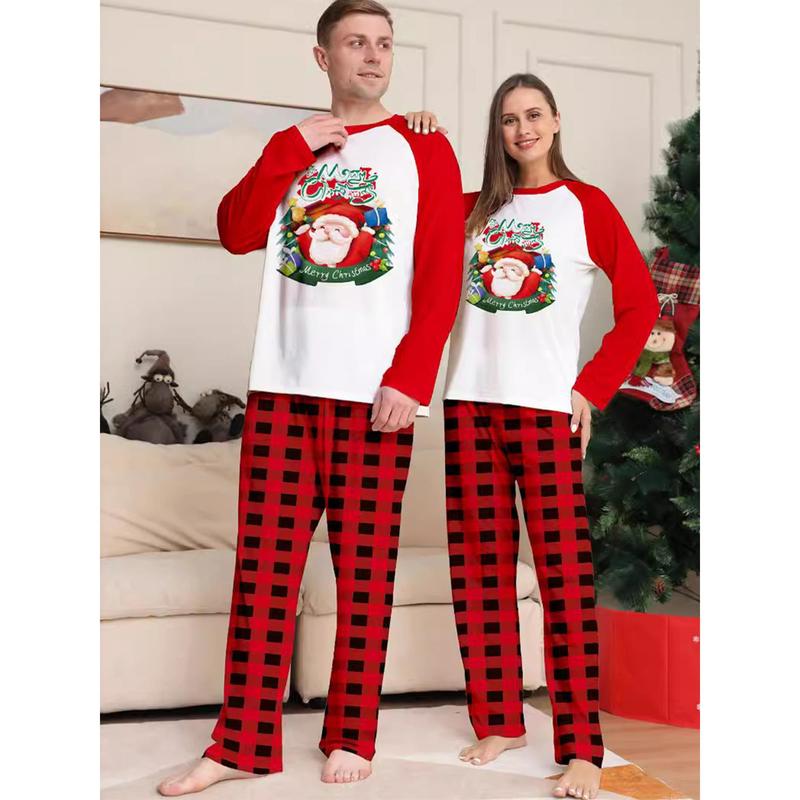 Red Christmas Pajamas For Family Santa Print Long Sleeve Round Neck Tops Romper Plaid Trousers