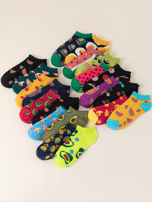 Women's Fruit & Vegetable Print Ankle Socks, Cute Comfy Breathable Food Graphic Socks for Daily Wear, Multipack Low Cut Knit Socks for All Seasons