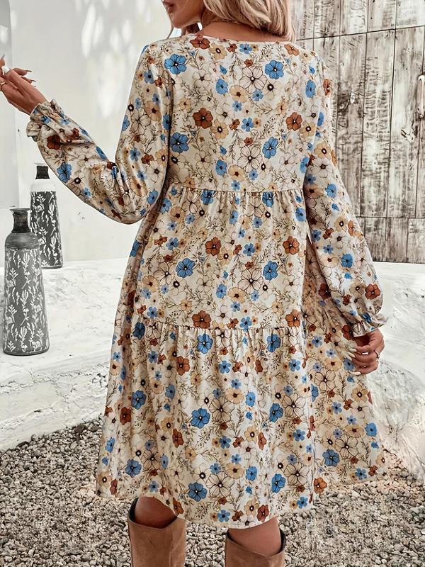 Women's Floral Print Ruffle Hem Flounce Sleeve Dress, Elegant Long Sleeve Round Neck Knee Length Dress for Vacation Holiday Wedding Guest, Ladies Fall & Winter Clothes