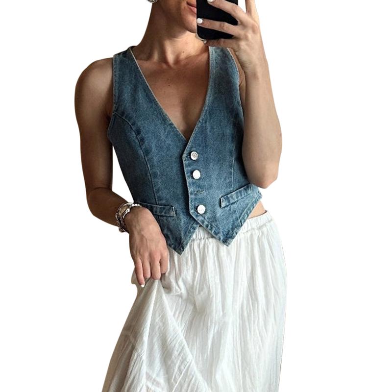 Women Denim Vests Casual Summer Button Front Sleeveless Tank Tops Aesthetic Clothes for Streetwear high quality