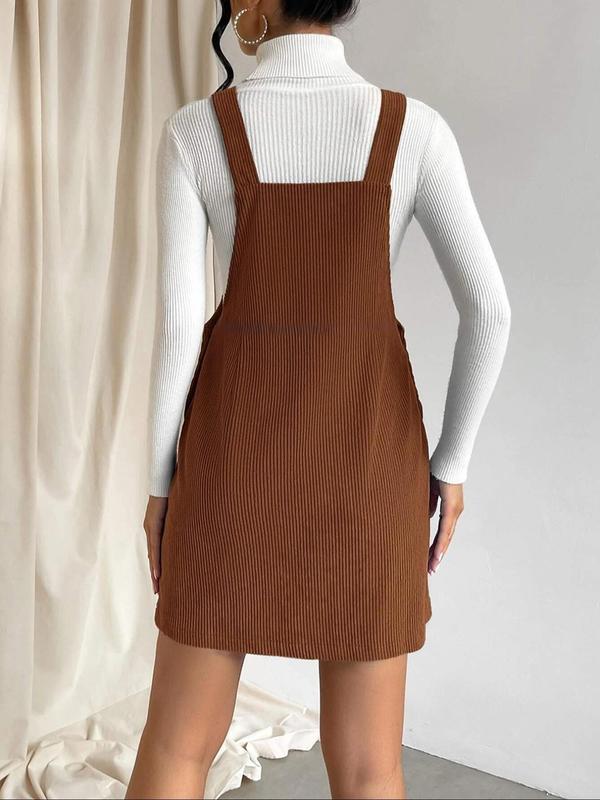 Women's Solid Color Button Pocket Pinafore Dress, Casual Adjustable Strap Corduroy Skirt for Daily Wear, Ladies Clothes for All Seasons