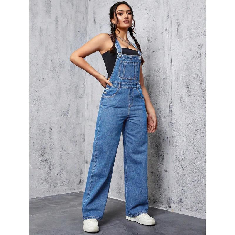 Solid Color Sleeveless Denim Jumpsuit With Pockets sleeveless  denim overall jumpsuit Fit Womenswear