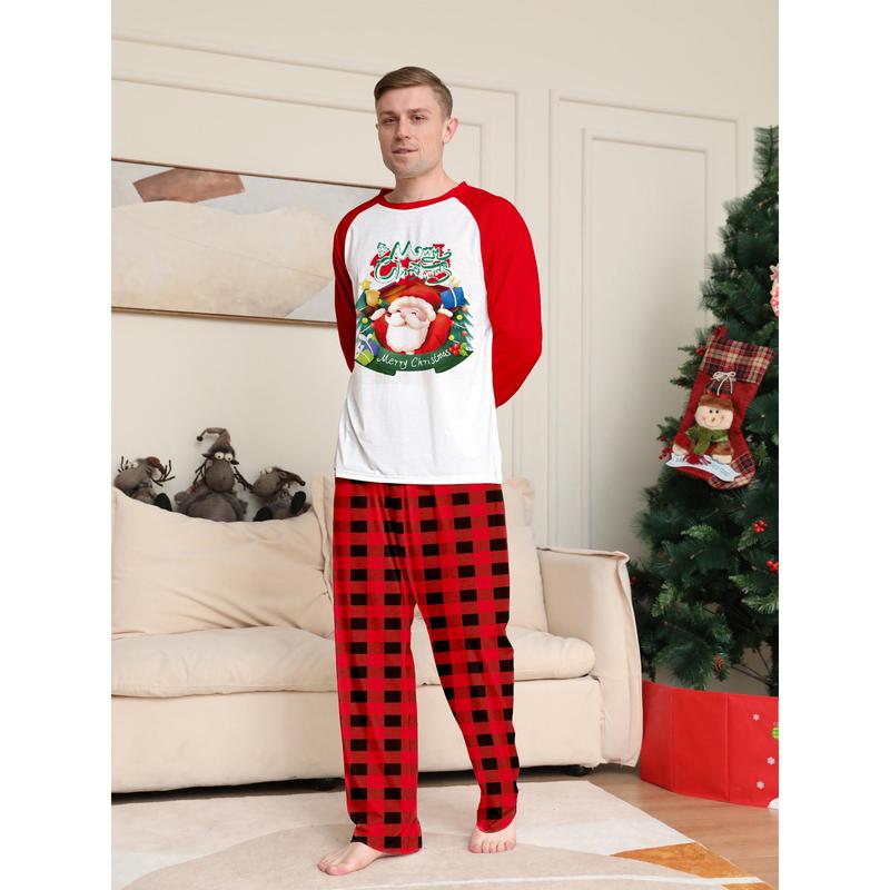 Red Christmas Pajamas For Family Santa Print Long Sleeve Round Neck Tops Romper Plaid Trousers