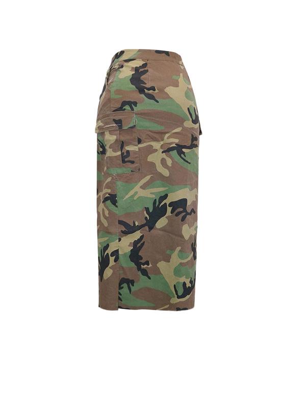 Women's Camo Print Button Front Pocket Split Thigh Bodycon Skirt, Casual Raw Hem Midi Skirt for Summer, Fashion Women's Skirt for Daily Wear