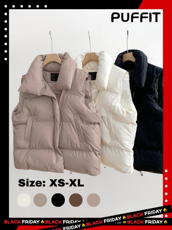 Women's Solid Color Pocket Sleeveless Winter Puffer Vest Gilet, Casual Waterproof Warm Stand Collar Vest Coat for Fall & Winter Daily Wear