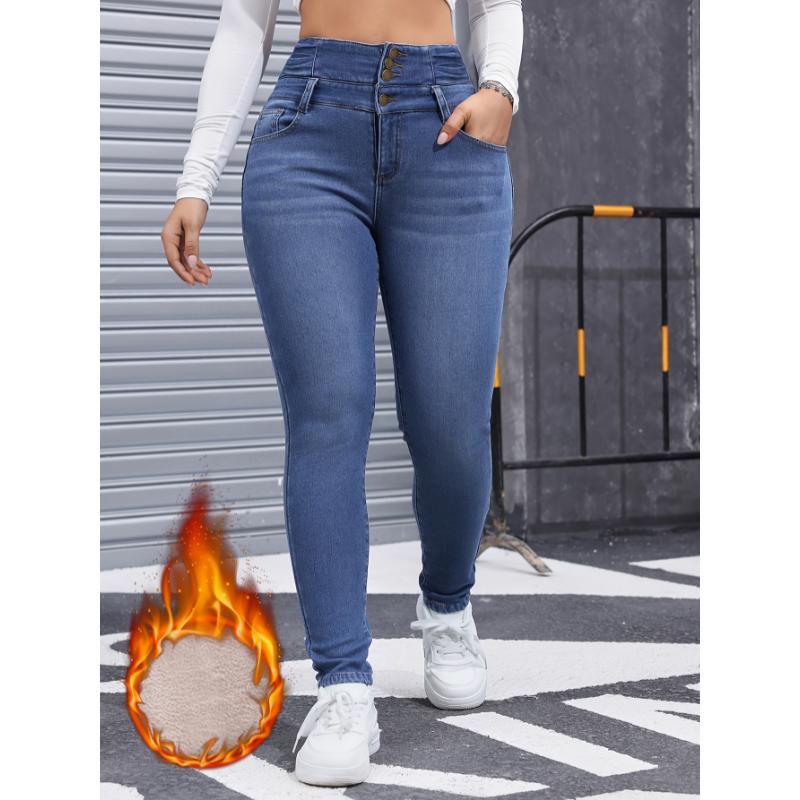 Winter Must-Have Plush Lined Denim Pants - Women's Casual Skinny Fit Jeans with Thickened Fabric and Washed Blue Style - Soft, Warm, and Comfortable Clothing for Chilly Days