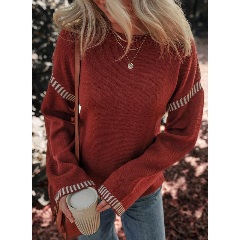 YMBB Sweaters for Women Fashion SolidCrewneck Loose Fit Long Sleeve Contrast CableKnit Pullover  Jumper Tops All Knitwear Womenswear