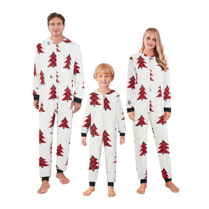 Family Christmas Pajamas, Long Sleeve Elk Christmas Tree Plaid Snowflake Print Hooded Jumpsuit Sleepwear Womenswear Check