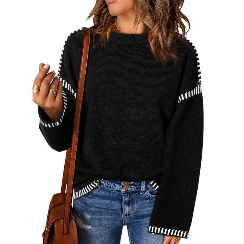 YMBB Sweaters for Women Fashion SolidCrewneck Loose Fit Long Sleeve Contrast CableKnit Pullover  Jumper Tops All Knitwear Womenswear