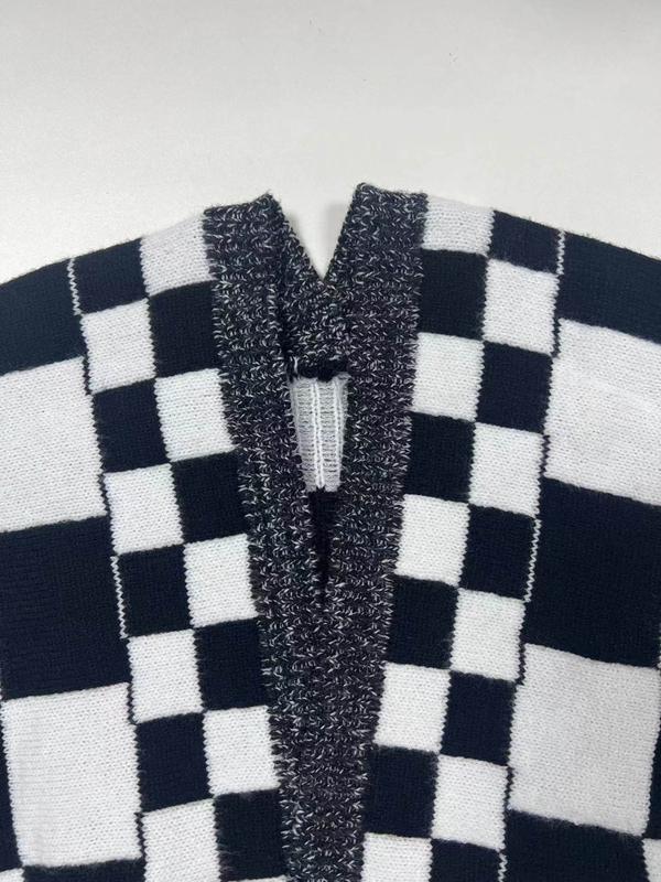 Women's Checkerboard Print Drop Shoulder Cardigan, Casual Long Sleeve Open Front Knitwear for Fall & Winter, Fashion Women's Knit Clothing for Daily Wear