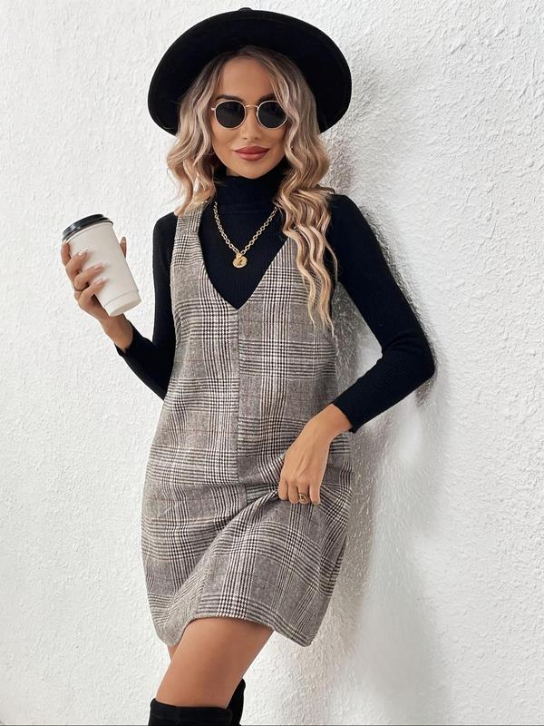 Women's Plaid Print V Neck Tank Dress without Inner Top, Casual Sleeveless Short Dress for Daily Wear, Ladies Clothes for All Seasons