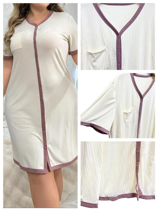  Contrast Binding Button Front Nightdress, Casual Short Sleeve V Neck Nightgown for Women, Women's Sleepwear for Summer