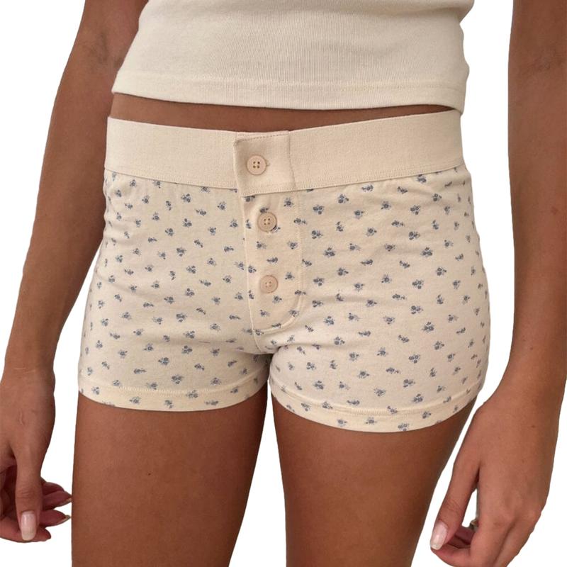 Women Floral Print Shorts Y2k Elastic Waist Fornt Button Shorts Patchwork Cute Lounge Pj Bottoms Boyshorts