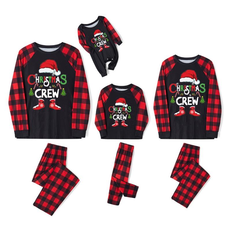 Matching Christmas Pajamas For Family, Letter Christmas Hat Print Long Sleeve Tops + Plaid Pants Sleepwear Set