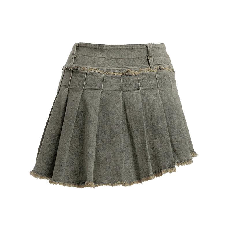 Fringe Wrinkle Washed Denim Skirt