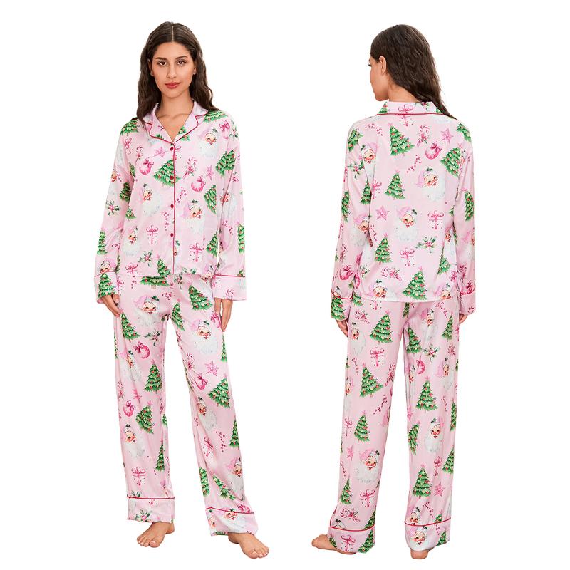 Women's two-piece pajama set long-sleeved lapel Christmas pattern print button-down shirt with free pants Loungewear Nightwear