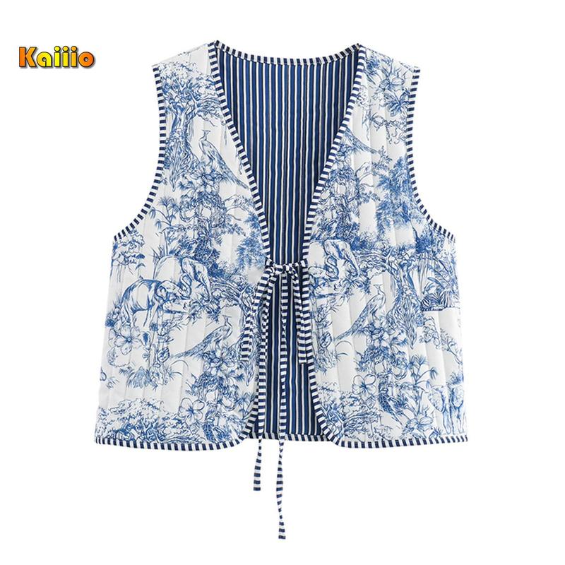 Women's Spring Autumn Vest Coat V Neck Tie Front Sleeveless Floral Puffer Jacket