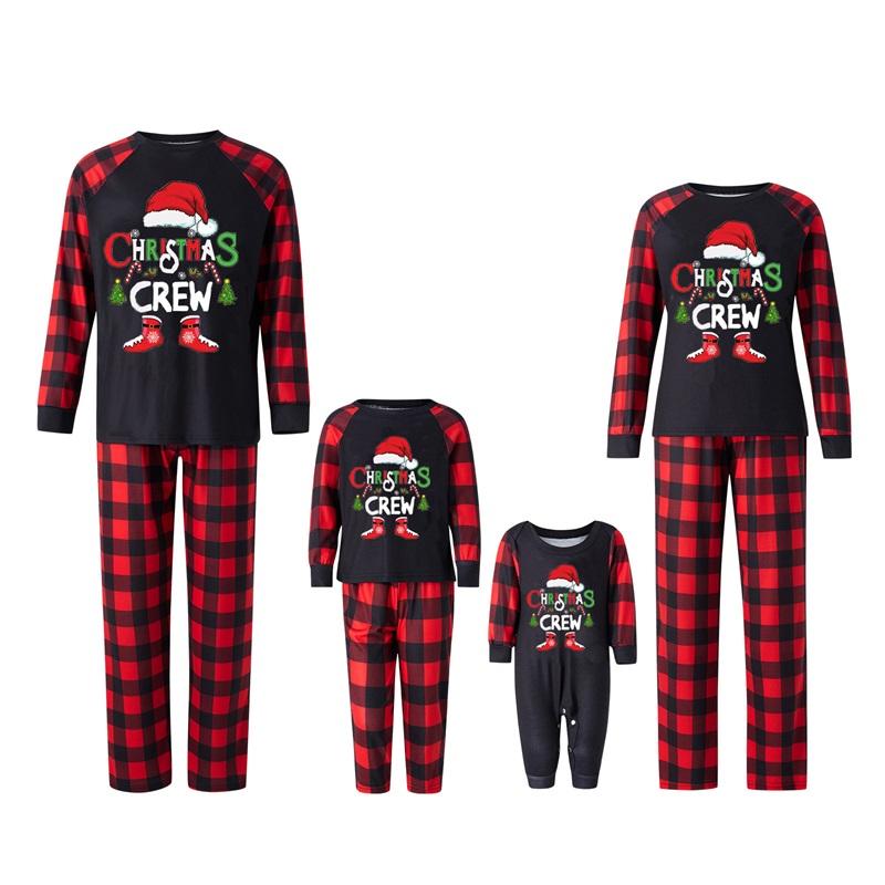 Matching Christmas Pajamas For Family, Letter Christmas Hat Print Long Sleeve Tops + Plaid Pants Sleepwear Set