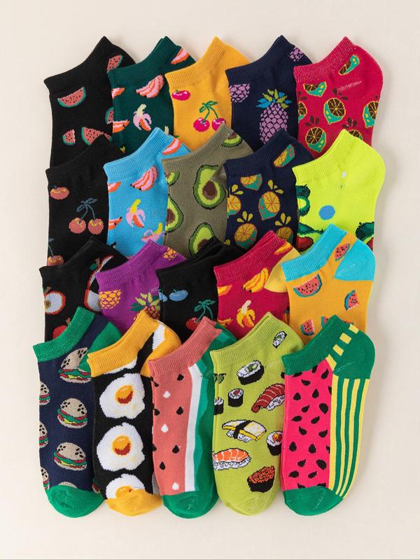 Women's Fruit & Vegetable Print Ankle Socks, Cute Comfy Breathable Food Graphic Socks for Daily Wear, Multipack Low Cut Knit Socks for All Seasons