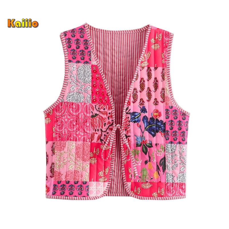 Women's Spring Autumn Vest Coat V Neck Tie Front Sleeveless Floral Puffer Jacket