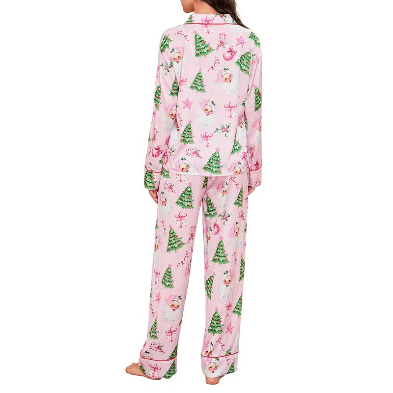 Women's two-piece pajama set long-sleeved lapel Christmas pattern print button-down shirt with free pants Loungewear Nightwear