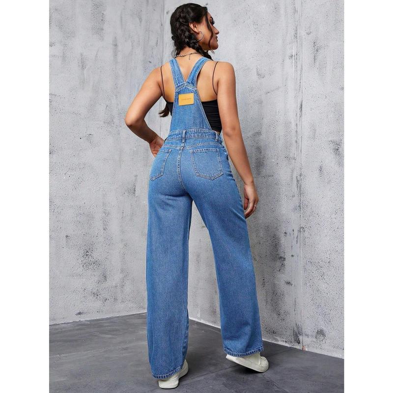 Solid Color Sleeveless Denim Jumpsuit With Pockets sleeveless  denim overall jumpsuit Fit Womenswear