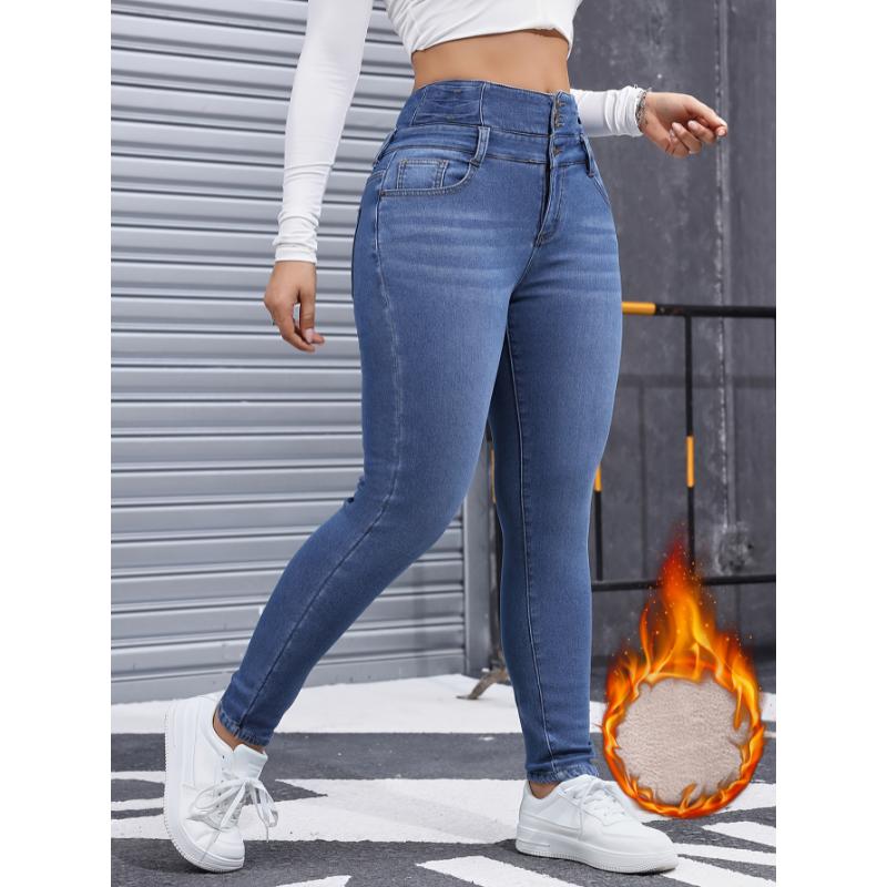 Winter Must-Have Plush Lined Denim Pants - Women's Casual Skinny Fit Jeans with Thickened Fabric and Washed Blue Style - Soft, Warm, and Comfortable Clothing for Chilly Days