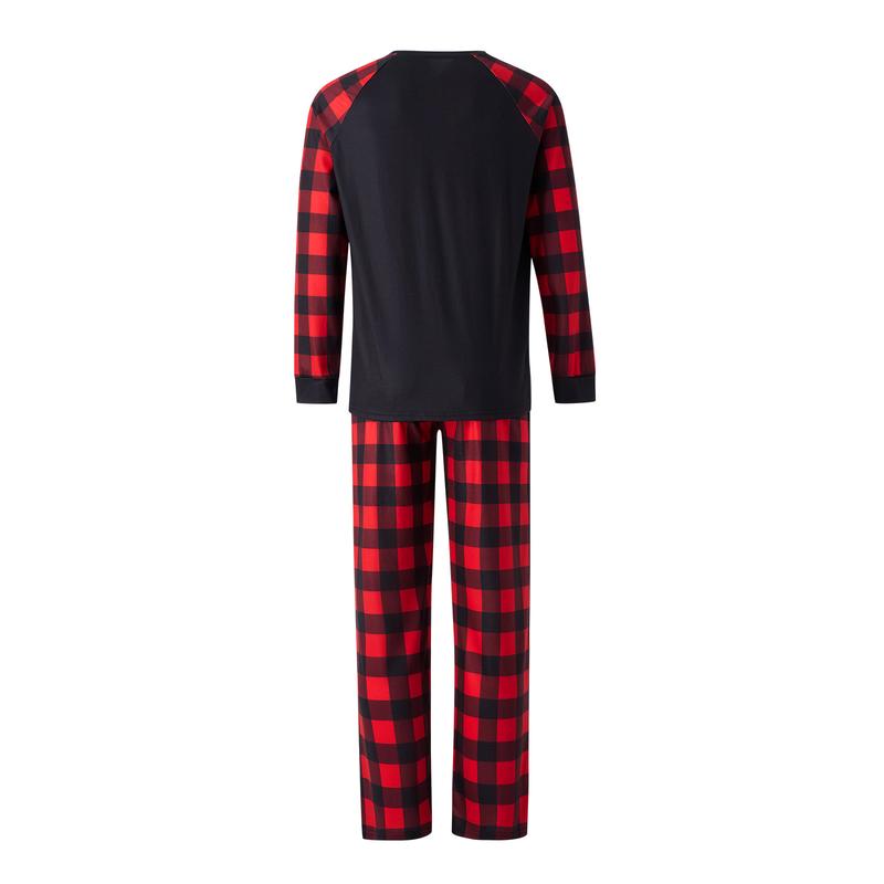 Matching Christmas Pajamas For Family, Letter Christmas Hat Print Long Sleeve Tops + Plaid Pants Sleepwear Set