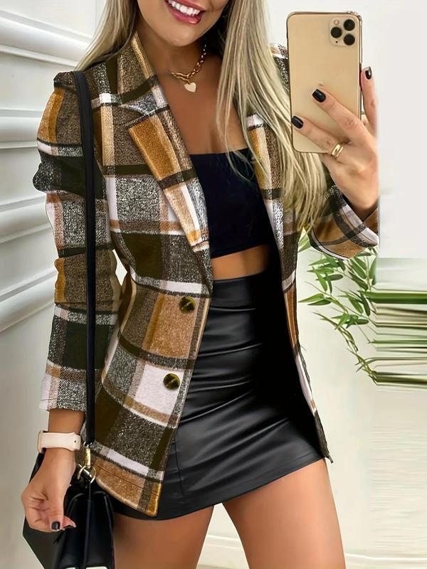 Women's Plaid Print Button Front Lapel Neck Jacket, Casual Long Sleeve Outerwear for Fall & Winter, Ladies Clothes for Daily Wear