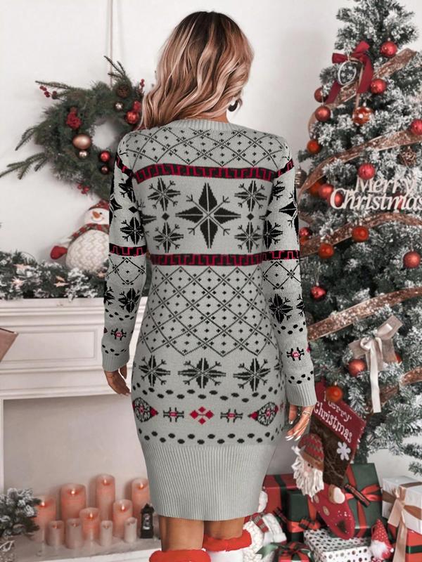 Women's Christmas Print Round Neck Bodycon Sweater Dress, Casual Long Sleeve Crew Neck Knit Dress for Fall & Winter, Christmas Party Dress, Women's Knitwear for Daily Wear