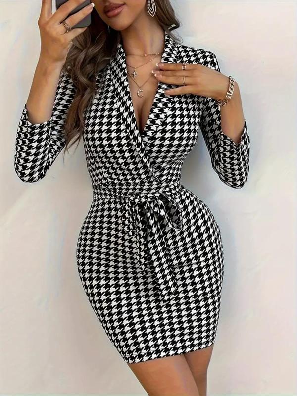 Women's Houndstooth Print Belted Wrap Bodycon Dress, Elegant Shawl Collar 3 4 Sleeve Short Dress for Spring & Fall, Women's Clothing for Daily Wear