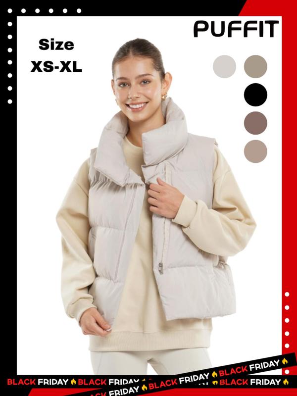 Women's Solid Color Pocket Sleeveless Winter Puffer Vest Gilet, Casual Waterproof Warm Stand Collar Vest Coat for Fall & Winter Daily Wear