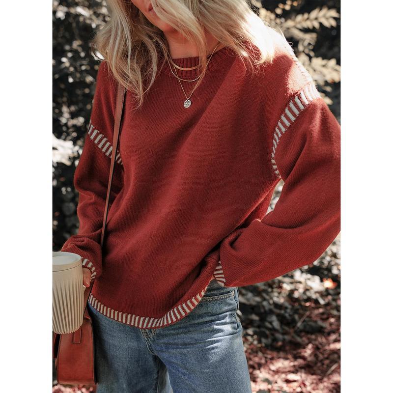 YMBB Sweaters for Women Fashion SolidCrewneck Loose Fit Long Sleeve Contrast CableKnit Pullover  Jumper Tops All Knitwear Womenswear