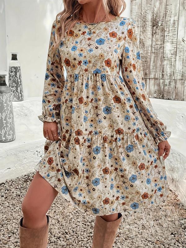 Women's Floral Print Ruffle Hem Flounce Sleeve Dress, Elegant Long Sleeve Round Neck Knee Length Dress for Vacation Holiday Wedding Guest, Ladies Fall & Winter Clothes