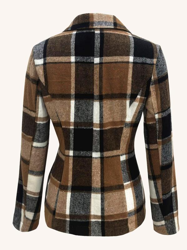 Women's Plaid Print Button Front Lapel Neck Jacket, Casual Long Sleeve Outerwear for Fall & Winter, Ladies Clothes for Daily Wear