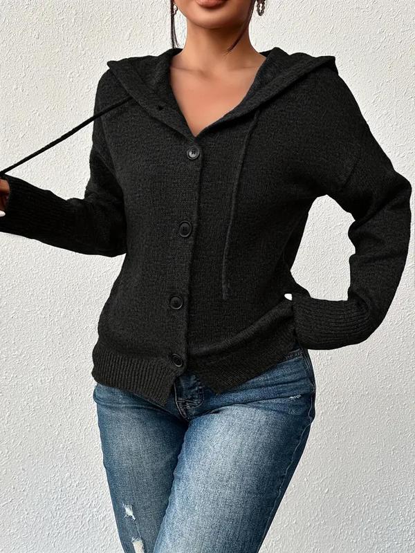 Women's Plain Button Front Drawstring Hooded Cable Knit Cardigan, Elegant Drop Shoulder Long Sleeve Cardigan, Cardigan for Women, Ladies Knitwear for All Seasons