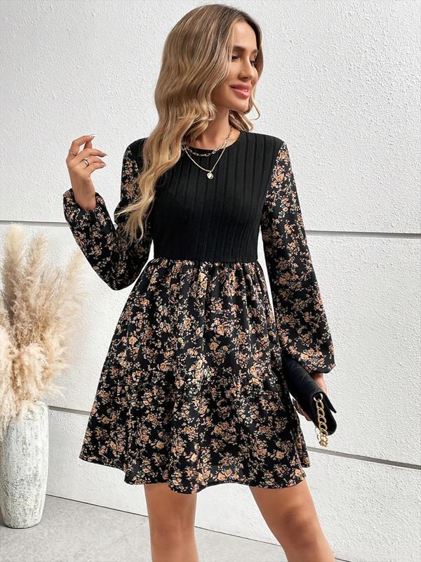 Women's Floral Patchwork Print Bishop Sleeve A Line Dress, Elegant Long Sleeve Round Neck Short Dress for Spring & Fall, Women's Clothing for Daily Wear