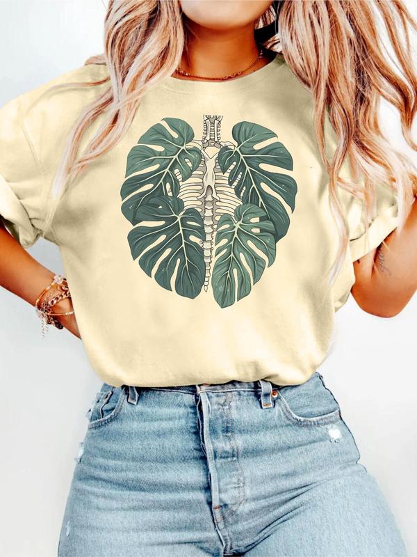 Women's Leaf Print Round Neck Graphic Tee, Vintage Trendy Casual Drop Shoulder Short Sleeve T-shirt for Daily Wear, Ladies Summer Clothes