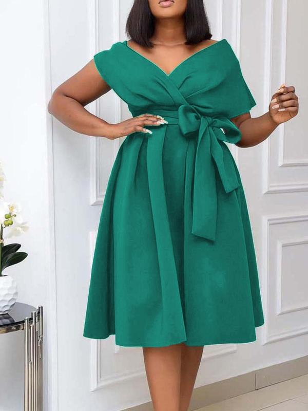 Women's Plain Belted Wrap V Neck Dress, Elegant Batwing Sleeve Zipper Back A Line Dress for Party Holiday Wedding Guest, Ladies Clothes for All Seasons