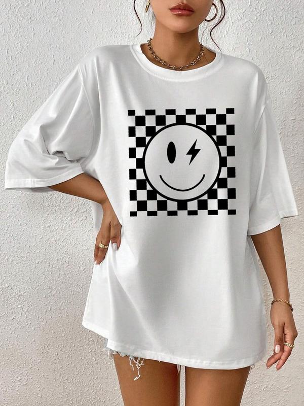 Women's Cartoon Face & Plaid Print Round Neck Tee, Casual Drop Shoulder Half Sleeve Graphic T-shirt, Graphic Tees, Ladies Summer Back To School Outfit for Daily Wear, Birthday Gifts