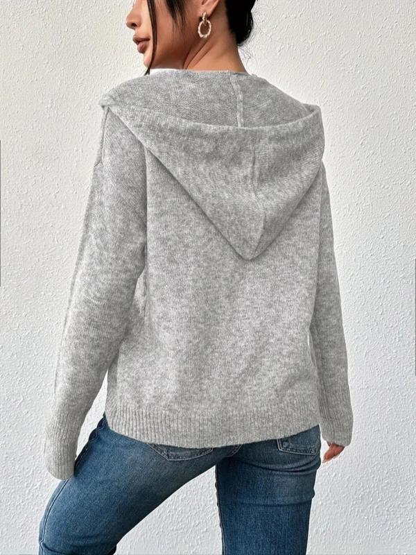 Women's Plain Button Front Drawstring Hooded Cable Knit Cardigan, Elegant Drop Shoulder Long Sleeve Cardigan, Cardigan for Women, Ladies Knitwear for All Seasons