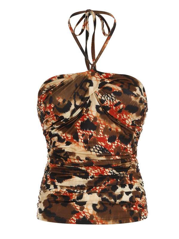 Women's Leopard Print Ruched Tie Back Halter Top, Casual Sleeveless Top for Summer, Ladies Clothes for Daily Wear