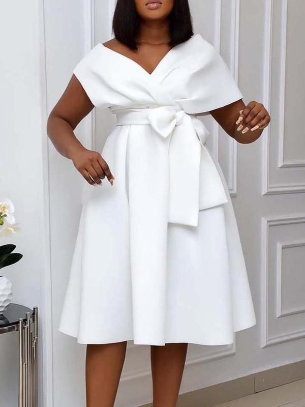 Women's Plain Belted Wrap V Neck Dress, Elegant Batwing Sleeve Zipper Back A Line Dress for Party Holiday Wedding Guest, Ladies Clothes for All Seasons