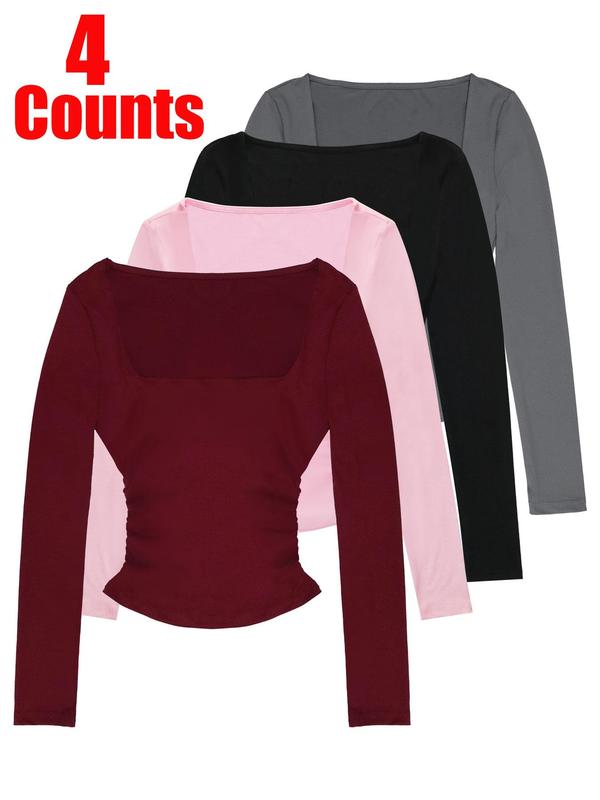 Women's Solid Ruched Square Neck Tee, Casual Long Sleeve T-shirt for Fall & Winter, Women's Clothing for Daily Wear