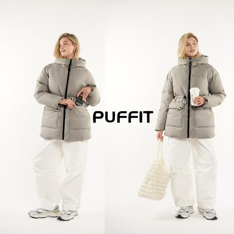 PUFFIT Women Mid Length Puffer Jacket Hood Winter, Mid Length Ladies Outwear Coat Big Pocket with Waist Drawcord Go.G.G