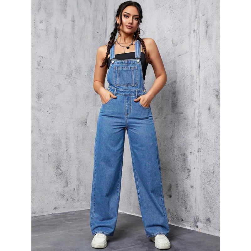 Solid Color Sleeveless Denim Jumpsuit With Pockets sleeveless  denim overall jumpsuit Fit Womenswear