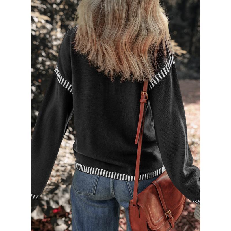 YMBB Sweaters for Women Fashion SolidCrewneck Loose Fit Long Sleeve Contrast CableKnit Pullover  Jumper Tops All Knitwear Womenswear