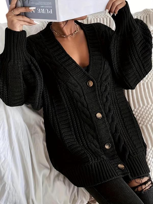 Women's Solid Button Front Lantern Sleeve Cable Knit Cardigan, Cardigan for Women, Casual V Neck Long Sleeve Knitwear for Fall & Winter, Women's Knit Clothing for Daily Wear