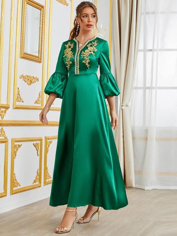 Women's Plain Appliques Embroidery V Neck A Line Dress, Elegant Bishop Sleeve Zipper Back Long Dress for Party Wedding Guest, Ladies Spring & Fall Clothes